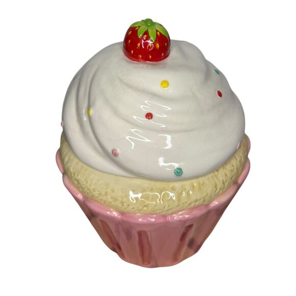 World Market Ceramic Cupcake Cookie Jar Large Strawberry Topper Kitchen Decor - Picture 2 of 6